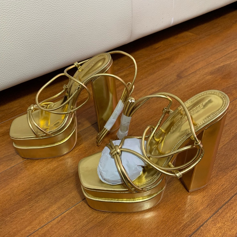 Public Desire Gold Strappy Lace Up Platform Block Heel Size 7 New